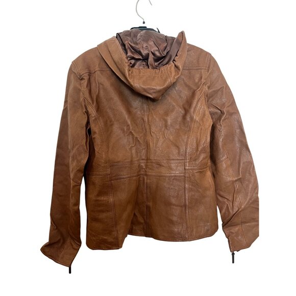 Vintage Womens Brown Leather Jacket With Hood & Zipper Front Closure Size S Genu - Picture 2 of 7